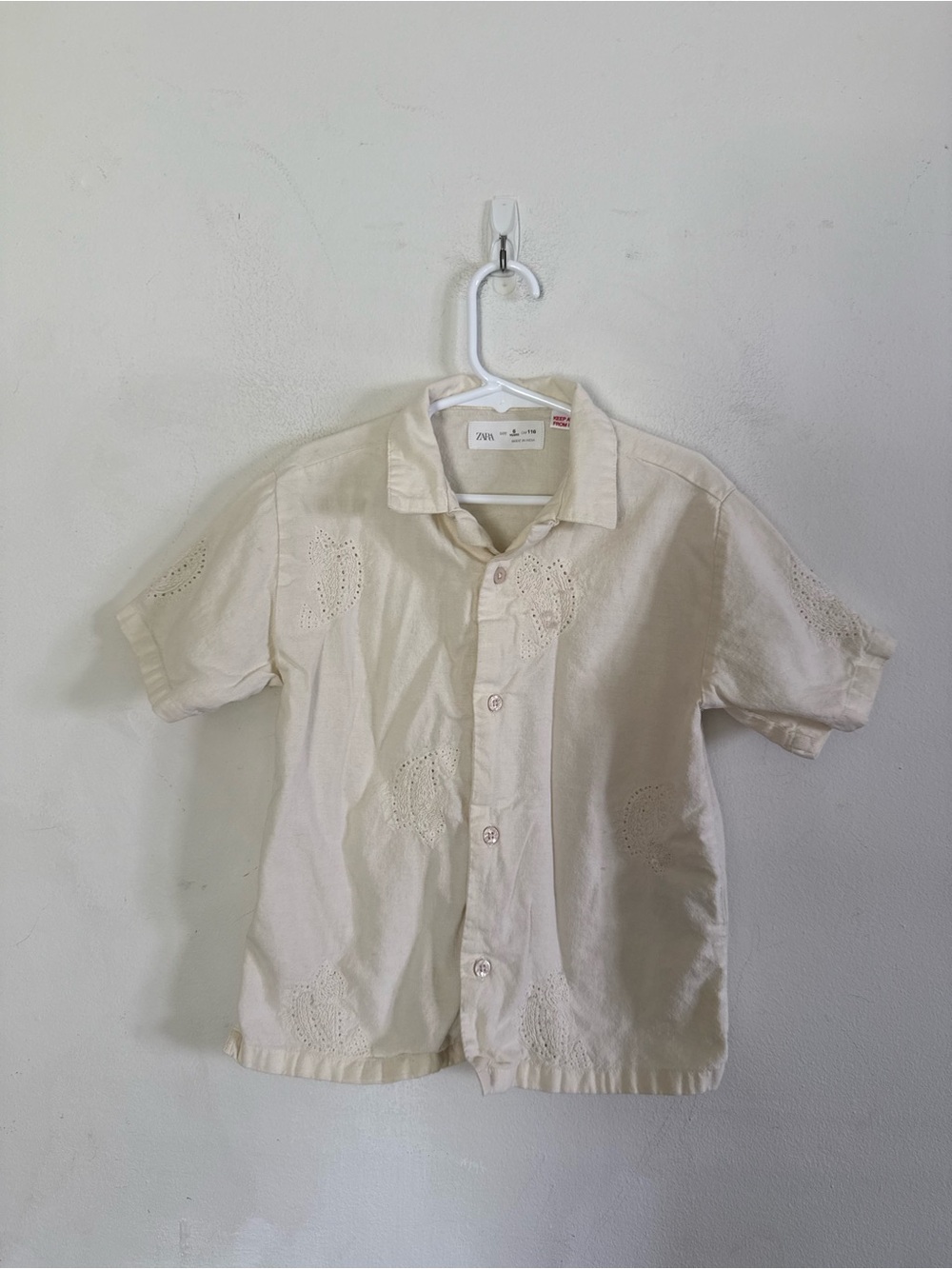 Zara Toddler Boys Linen Blend All Over Embroidered Collared Button Down, Size 6